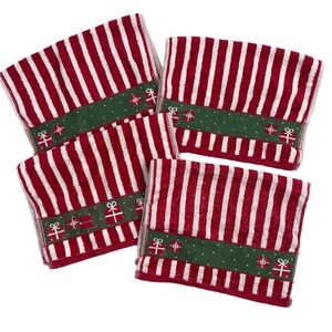 Set of 4 Christmas Holiday Embroidered Striped Hand Towels Red White Green